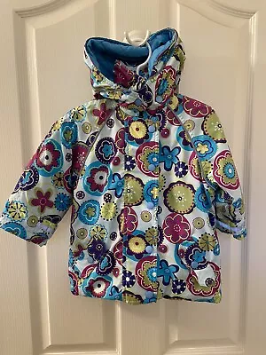 Hanna Andersson Journeys End Blue Floral Hooded Insulated Jacket Size 80 US 2 • $17.99