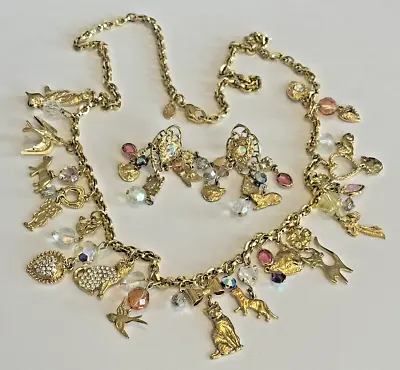 Vintage KIRK'S Kirks FOLLY Cat Charms Necklace & Earrings Set Clear Crystal • $99.99