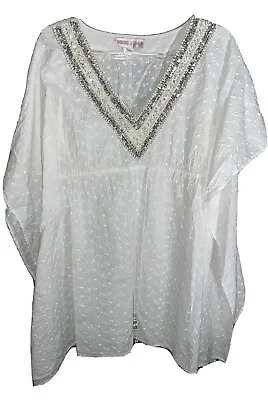 Monique Leshman White Sequin V-Neck Collar Oversize Blouse SMALL Bat Sleeves • $16.95