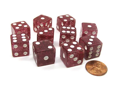Set Of 10 D6 16mm Glitter Dice - Red With White Pips • $9.07