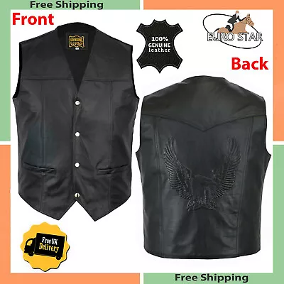 LEATHER WAISTCOAT Biker Vest Motorcycle Motorbike Leather Vest Embossed Eagle • £22.35