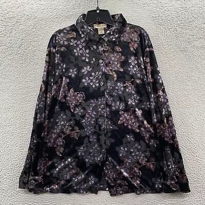 NOTATIONS Shirt Womens 2X Button Up Blouse Top Floral Long Sleeve Velvet Black • $14.95
