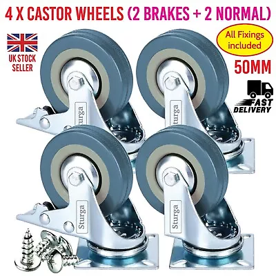 £8.99 • Buy 4 X Castor Wheels 50mm Rubber Swivel Heavy Duty 200KG Furniture/Trolley Casters