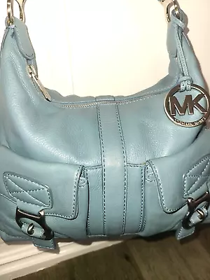 MK Michael Kors Light Blue Leather Handbag Purse Shoulder Barrel Bag • $30