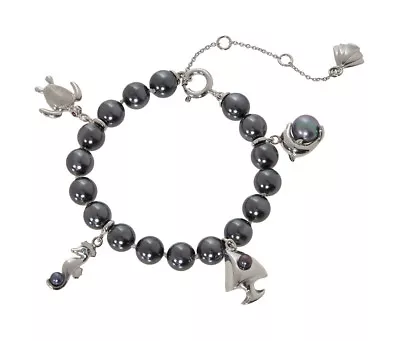 MISAKI 925 Sterling Silver St Barth Bracelet With Dark Grey Pearls & Charms BNIB • $198.92