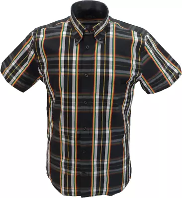 Tootal Mens Black Rasta Check Retro Down Short Sleeve Shirts • £54.99