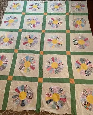Antique Vtg 1940s Quilt Top Dresden Plate Feed Sack 78 X 92  Depression Fabrics • $84