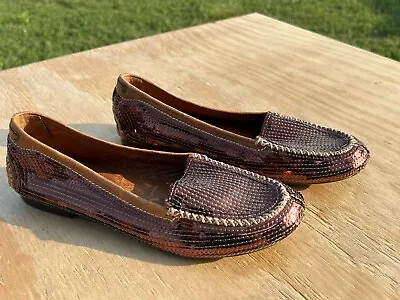 Talbots Bronze Sequin Leather Flats Loafers Slip On Size 8.5 B VGC Dress Casual • $19.99