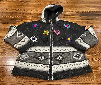 Nature's Connection Sweater L/XL Gray Wool Chunky Knit Hooded Full Zip Ecuador • $30