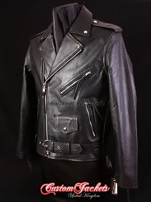 Men BRANDO Real Leather Jacket Black MOTORCYCLE Motorbike Cowhide Leather Jacket • $117.83