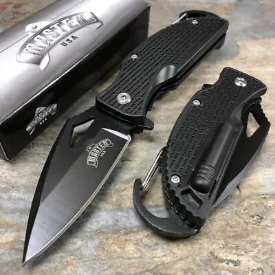 Master USA Spring Open Small Knife BUILD IN FIRE STARTER AND CARBINEER - Black • $7.99