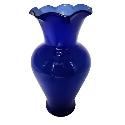  Vintage Hand Blown Cobalt Blue Bud Glass Vase With Ruffled Top 15cm Tall • $22