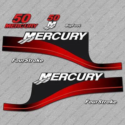 Mercury 50 Hp Four Stroke Outboard Engine Decals RED Sticker Set Reproduction • $55.79