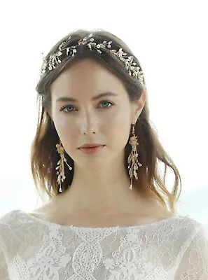 Crystal Wedding Headband Gold Leaves Bridal Headpiece Hair Accessories Jewelery • £9.99