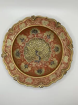 Vintage Brass Peacock Plate Metal Enameled Etched • $22