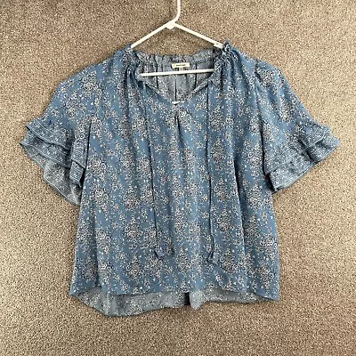 Max Studio Women's Blouse Size 3X Blue Floral Short Sleeve V-Neck Tassle • $7.48