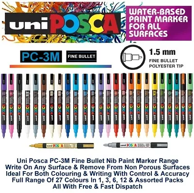 Uni Posca PC-3M Colour Paint Marker Pen Fabric Metal Glass 1.5mm Fine Bullet Nib • £3.59