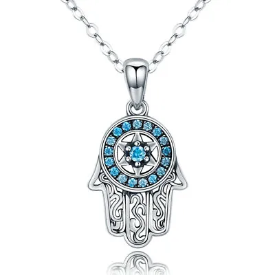 Silver Luck Hamsa Fatima Of Hand Zirconia Pendant 925 Sterling Chain Necklace • £12.01