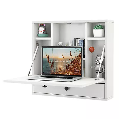 Wall-mounted Desk Home Office Floating Computer Workstation With Shelves • £59.95