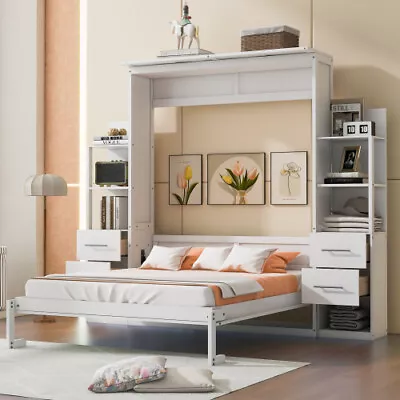 Queen Size Murphy Bed Wall Bed With Storage Shelve And LED Lights Chest Cabinets • $1199.09