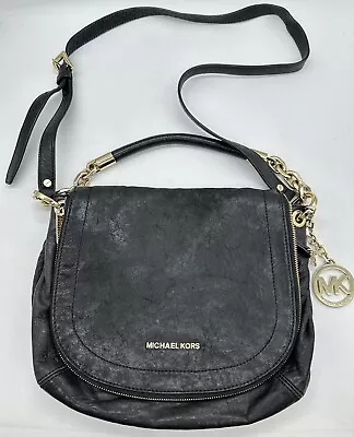 Michael Kors Stanthorpe Black Gold Leather Satchel Crossbody Shoulder Bag Flap • $61.19