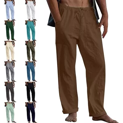 $26.68 • Buy Mens Summer Comfy Cotton Linen Pants Casual Baggy Drawstring Yoga Trousers Beach