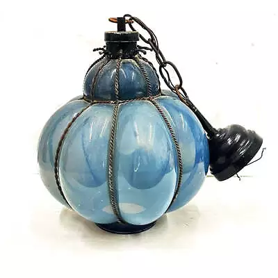 Vintage Murano Style Blue Blown Glass Cage Pendant Light • $150