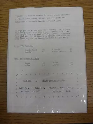 15/10/1977 Basketball Programme: Bromley V Miles Morley Mustangs - 4 Pages.  Any • $4.96