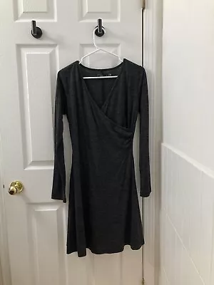 Prana Nadia Charcoal Grey Faux Wrap Long Sleeve Dress Sz M Wool Blend Stretch CP • $21