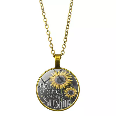 Vintage Sunflower You Are My Sunshine Cabochon Glass Chain Necklace Jewelry 31 • £3.50