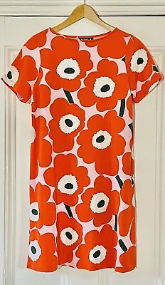 Marimekko Women’s Orange Sitriini Pieni Unikko Flowers T-Shirt Dress S UK 10-12 • $101.02