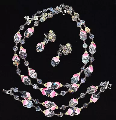 Fabulous VENDOME Shades Of PINK & GREEN Enamel Flowers Necklace Bracelet ER SET • $393