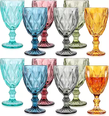 Set Of 12 Vintage Glass Goblets Bulk 10 Oz Multi Colored Stemware Wine Glasses • $60.44