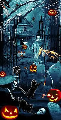 Halloween Thriller Night Glow In Dark Witch Gnomes House Cotton Fabric 24  Panel • $15.45