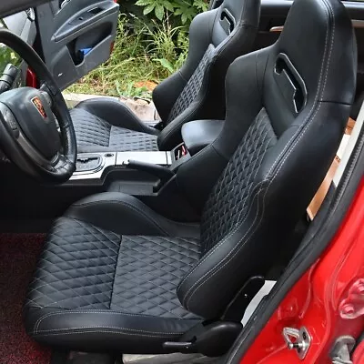 2X Adjustable Universal Reclinable Bucket Seats Black+White Line Racing Seat • $309.99