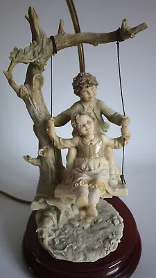 Florence Lamp With Porcelain Figurine Boy & Girl On Swing Signed B. Merli 1983 • £140