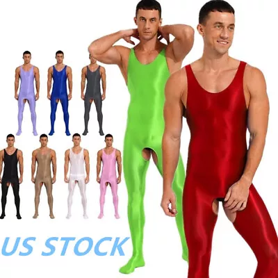 US Mens Glossy Footed Jumpsuit Sleeveless Open Crotch Full Body Bodysuit Leotard • $15.76