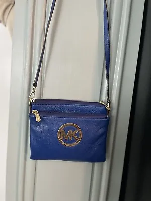 Michael Kors Fulton Cadet Blue Genuine Leather+gold Tone Crossbody Handbag • $39