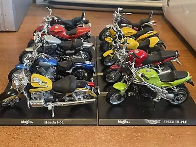 Joblot / Collection Of 10 Maisto Motorcycles / Motorbikes 1/18 Scale Models. • £50
