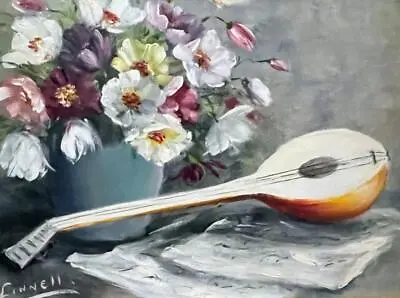 Vintage Still Life Oil Painting Floral Flowers Musical Instrument Impressionist • $86.25