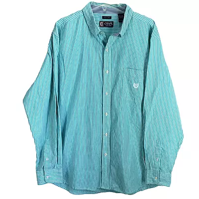 Chaps Easy Care Shirt Mens XXL Aqua Blue White Stripe Long Sleeve Button Front • $17.99