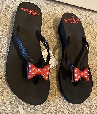 NEW Disney Parks Minnie Mouse Signature Sz 10 Wedge Sandals Red Bows Rhinestones • $23.99