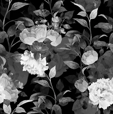 Dark Black Garden Flowers White Floral Leaf Modern Peel And Stick Wallpaper S... • $30.99