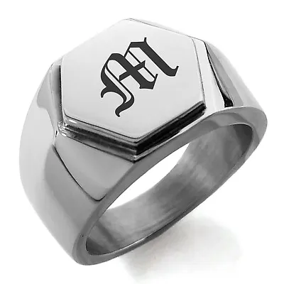 Stainless Steel Old English Monogram Letter M Mens Hexagon Crest Signet Ring • $15