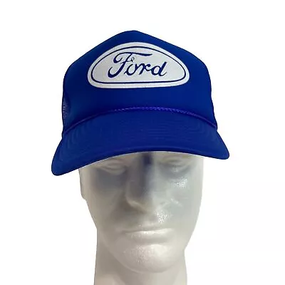 Vintage FORD Snapback Trucker Hat Blue White Cap Mesh Back Logo • $31.24