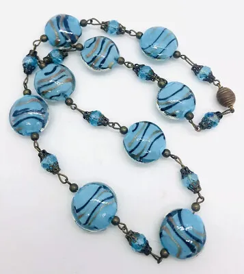 Murano Venetian Blue Aventurine Glass Beaded Necklace Vintage Jewelry • $149.99