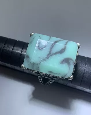  Th Resin Square Marble Aqua Ring On Antiquated Silvertone Ring Size 7.25 • $9