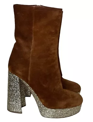 Miu Miu By Prada Brown Suede Silver Glitter Platform Heel Boots Size 39/9 • $150