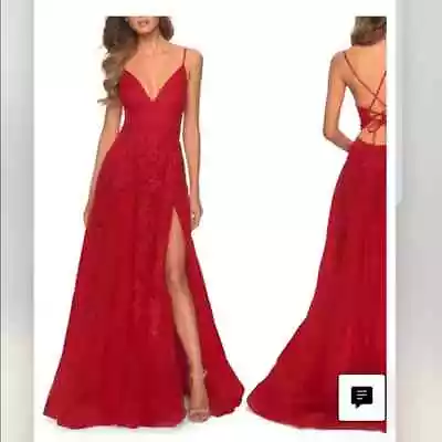 La Femme 28985 Red Sleeveless Strappy Back Gown Floral Embroidered 4 NEW • $199.99
