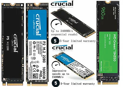 $44.99 • Buy Crucial P2 P3 P5 250GB 500GB 1TB 2TB M.2 PCIe NVMe SSD WD NVMe SSD Kingston NVMe